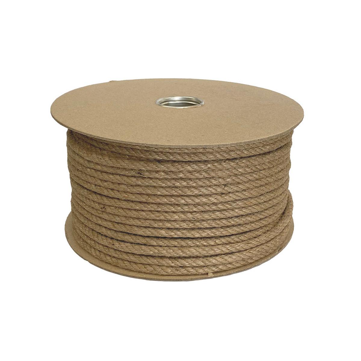 Spool of 8mm brown jute rope on a cardboard reel with a white background