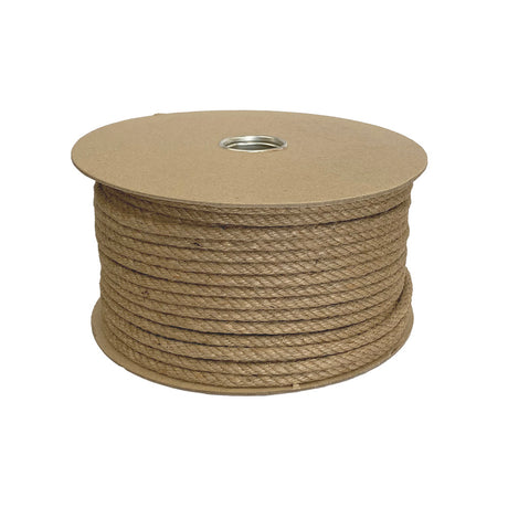 Spool of 8mm brown jute rope on a cardboard reel with a white background