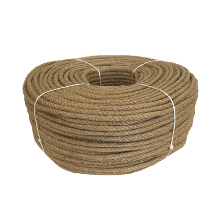 Coil of 8mm brown jute rope tied with twine against a white background