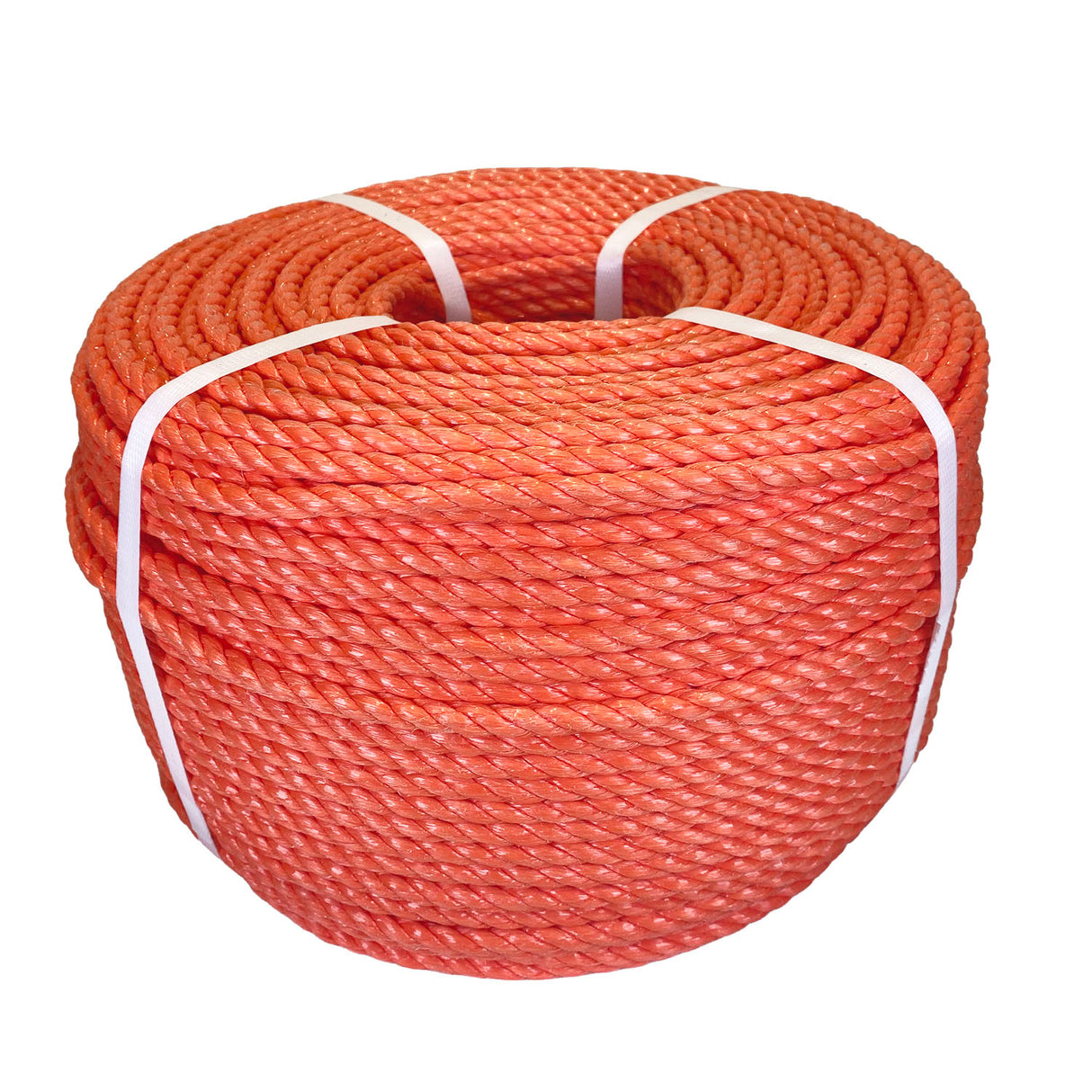 Coil of orange polypropylene rope with white banding on a white background