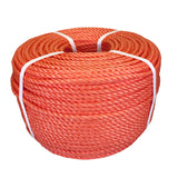Coil of orange polypropylene rope with white banding on a white background