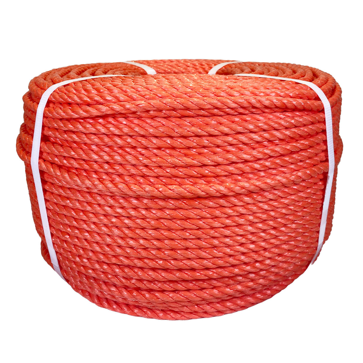 Coil of orange polypropylene rope with white banding on a white background