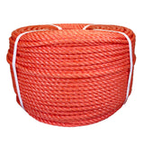 Coil of orange polypropylene rope with white banding on a white background
