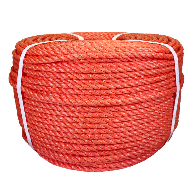 Coil of orange polypropylene rope with white banding on a white background