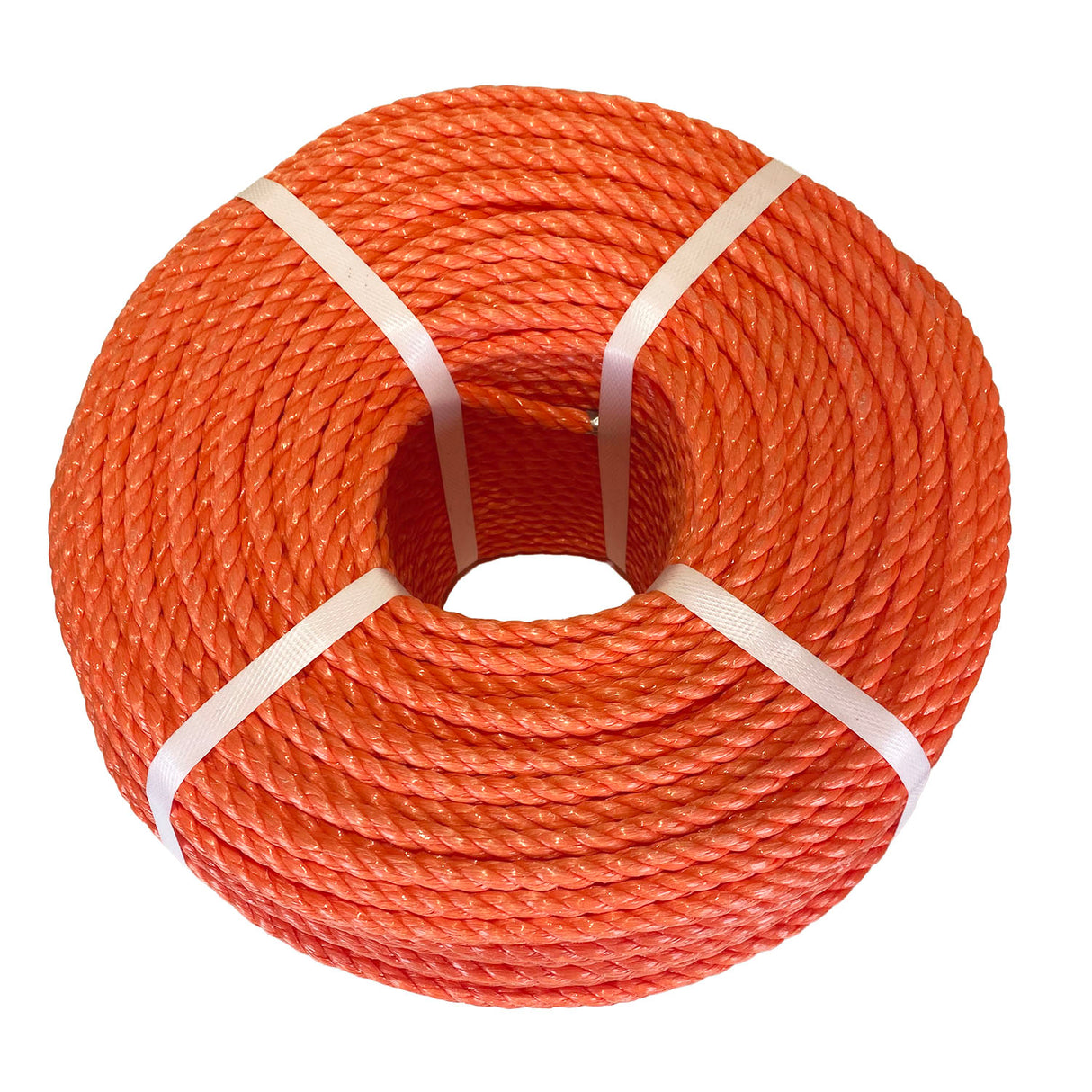 Coil of orange polypropylene rope with white banding on a white background