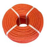 Coil of orange polypropylene rope with white banding on a white background