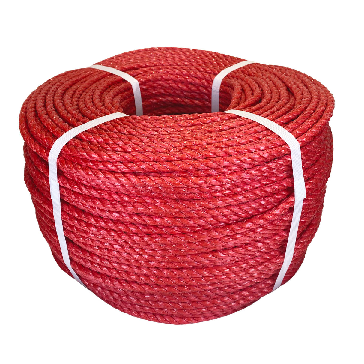 Coil of red polypropylene rope with white banding on a white background
