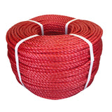 Coil of red polypropylene rope with white banding on a white background
