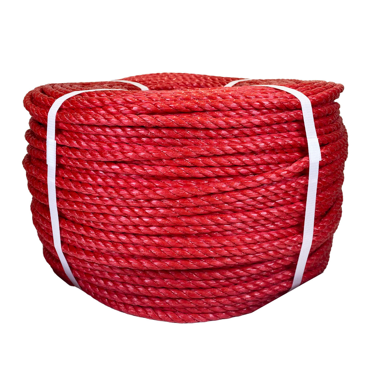 Coil of red polypropylene rope with white banding on a white background