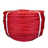 Coil of red polypropylene rope with white banding on a white background