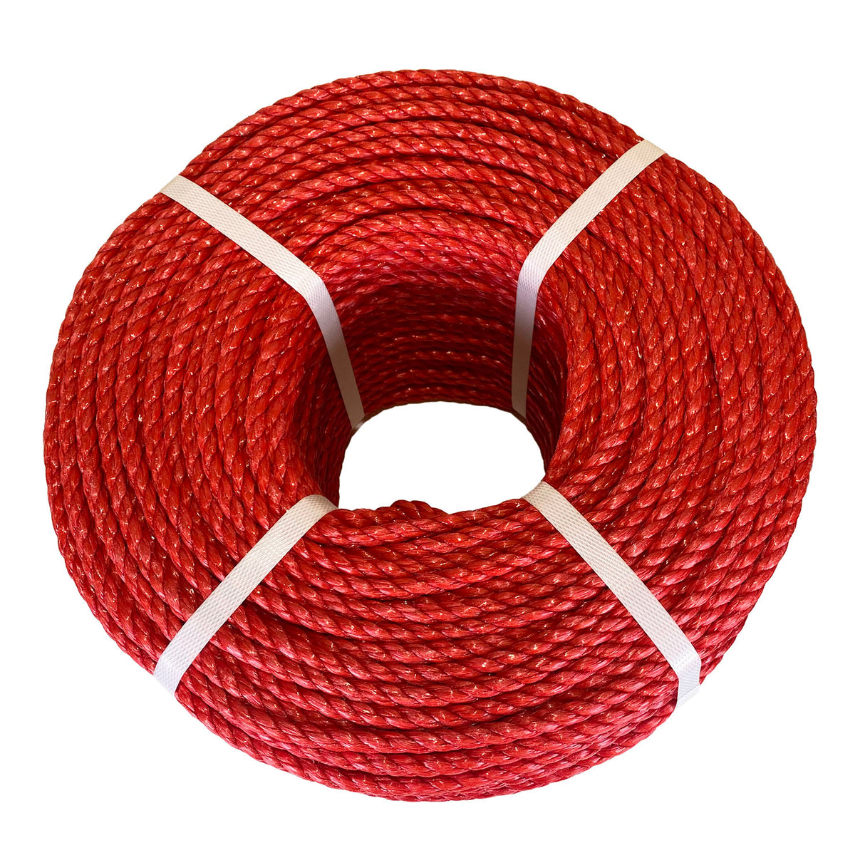 Coil of red polypropylene rope with white banding on a white background