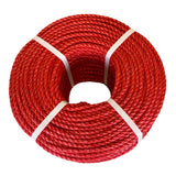 Coil of red polypropylene rope with white banding on a white background