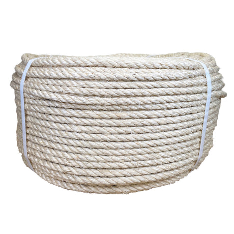 Coil of 8mm natural superior sisal rope tied with twine against a white background