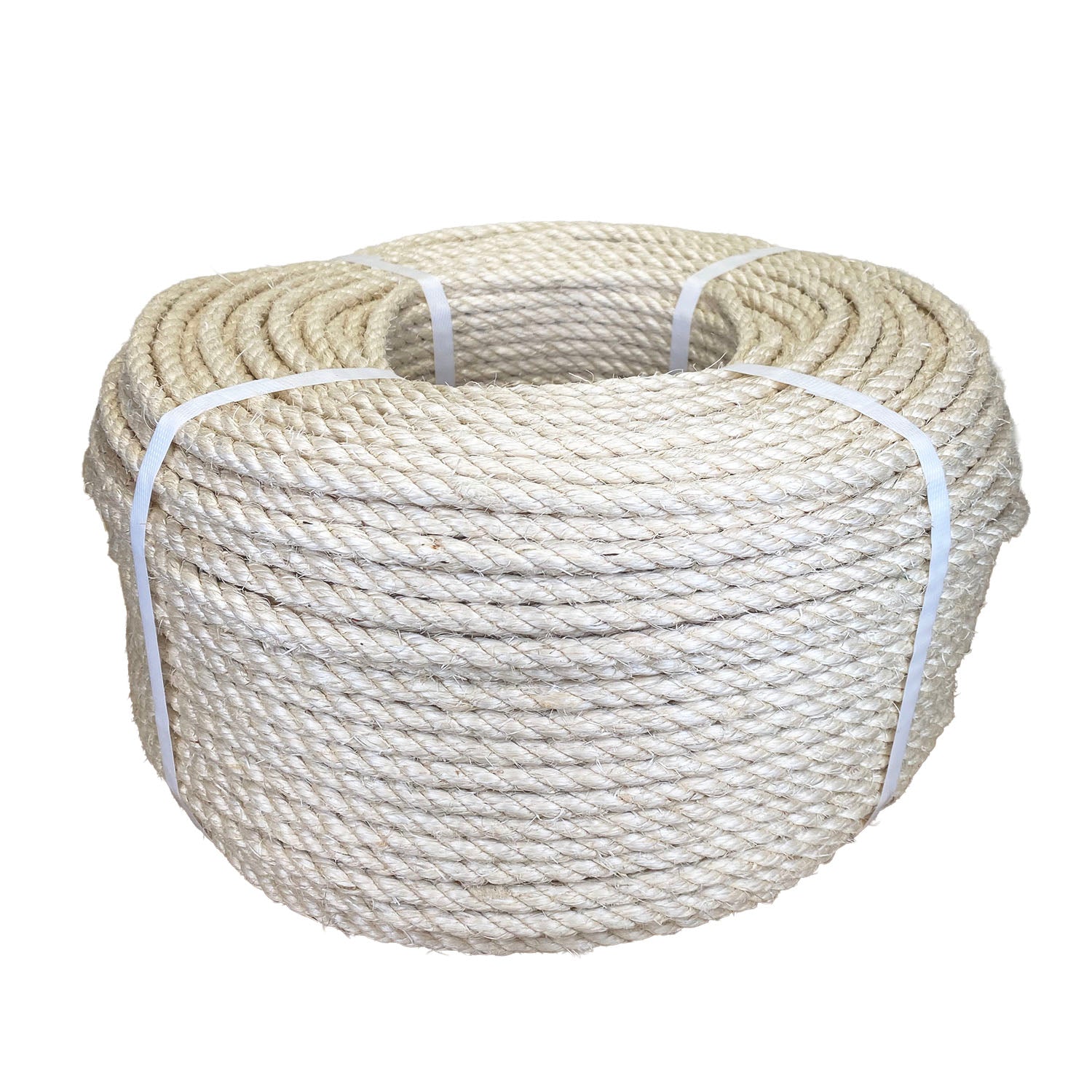 Coil of 8mm natural superior sisal rope tied with twine against a white background