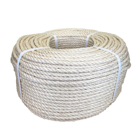 Coil of 8mm natural superior sisal rope tied with twine against a white background