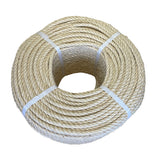 Coil of 8mm natural superior sisal rope tied with twine against a white background