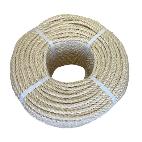 Coil of 8mm natural superior sisal rope tied with twine against a white background