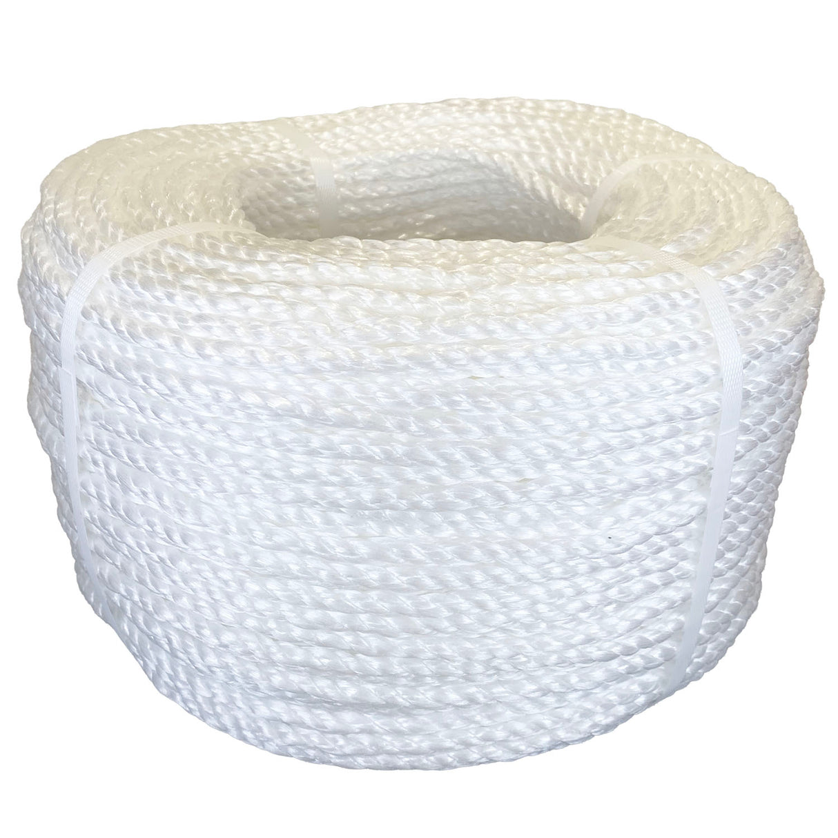 Coil of white polypropylene rope with white banding on a white background