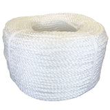 Coil of white polypropylene rope with white banding on a white background