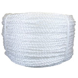 Coil of white polypropylene rope with white banding on a white background