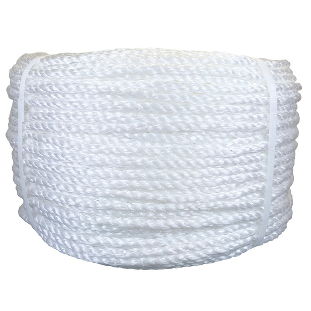 Coil of white polypropylene rope with white banding on a white background