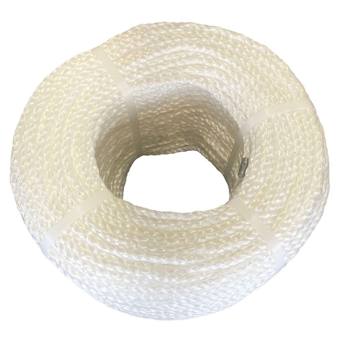 Coil of white polypropylene rope with white banding on a white background
