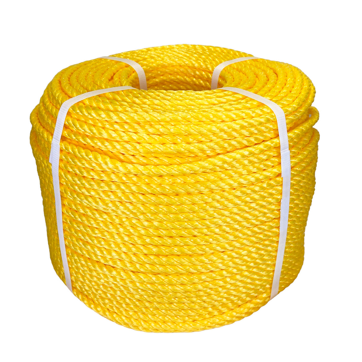 Coil of yellow polypropylene rope with white banding on a white background
