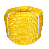 Coil of yellow polypropylene rope with white banding on a white background