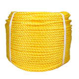 Coil of yellow polypropylene rope with white banding on a white background