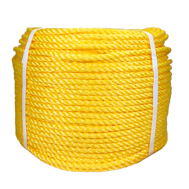 Coil of yellow polypropylene rope with white banding on a white background