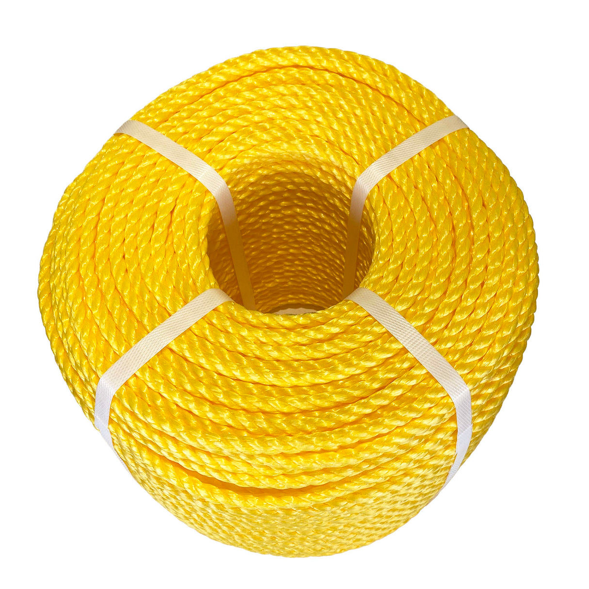 Coil of yellow polypropylene rope with white banding on a white background