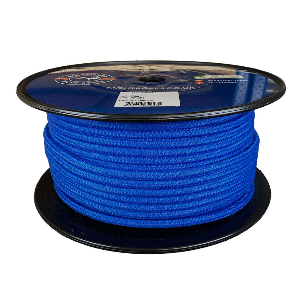 Spool of 8mm blue matt polyester rope with a blue label on a white background
