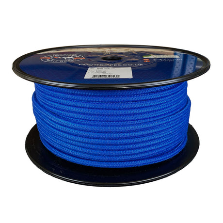 Spool of 8mm blue matt polyester rope with a blue label on a white background