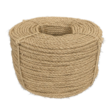 Coil of 8mm natural flax hemp rope on a white background