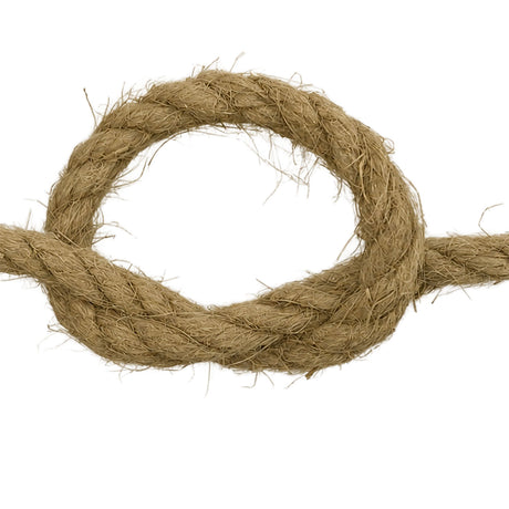 A close-up of 8mm natural flax hemp rope, arranged in a loop against a solid white background.