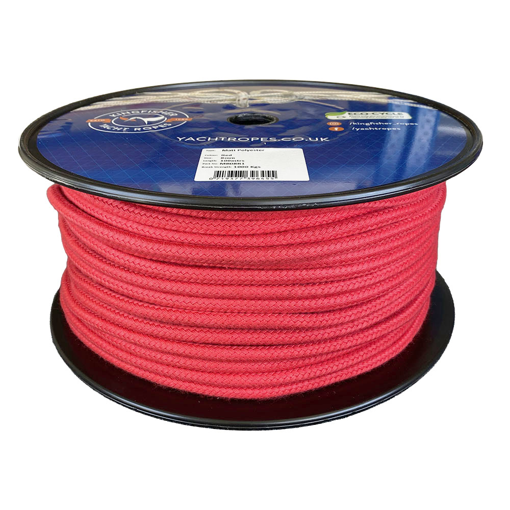 Spool of 8mm red matt polyester rope with a blue label on a white background
