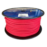 Spool of 8mm red matt polyester rope with a blue label on a white background