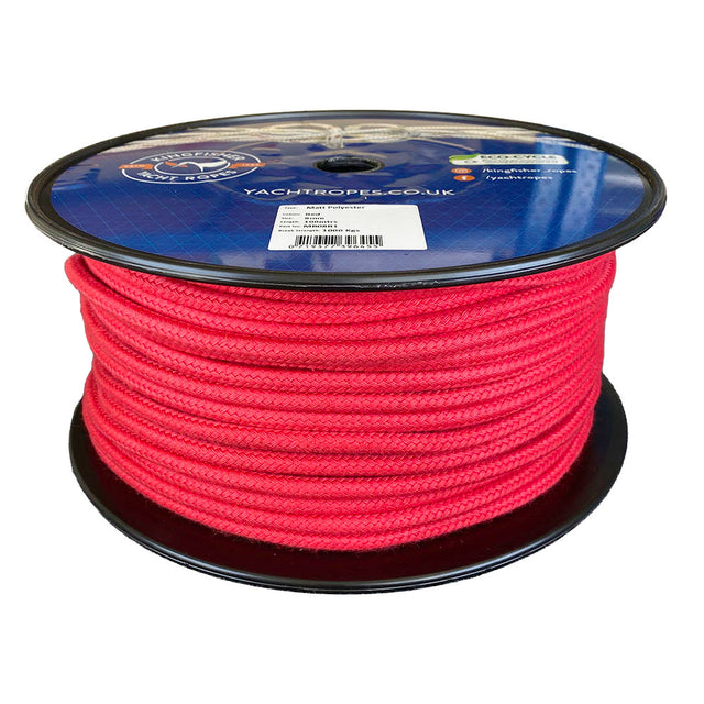 Spool of 8mm red matt polyester rope with a blue label on a white background