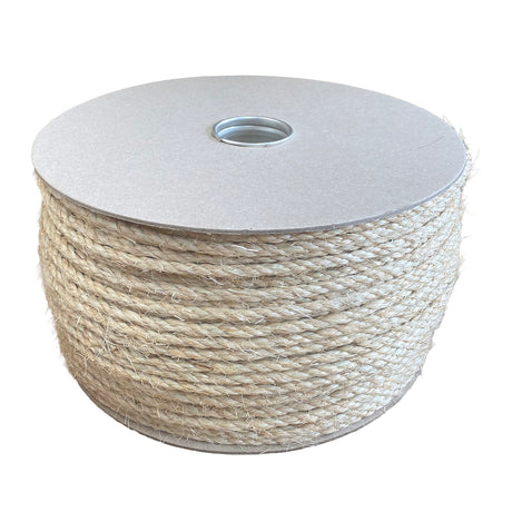 A spool of 8mm sisal rope on a cardboard reel, on a white background. 