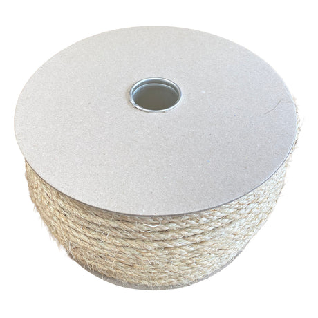 A spool of 8mm sisal rope on a cardboard reel, on a white background. 