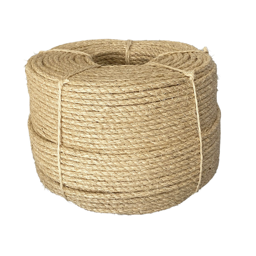 Coil of 8mm natural sisal rope tied with twine against a white background