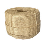 Coil of 8mm natural sisal rope tied with twine against a white background