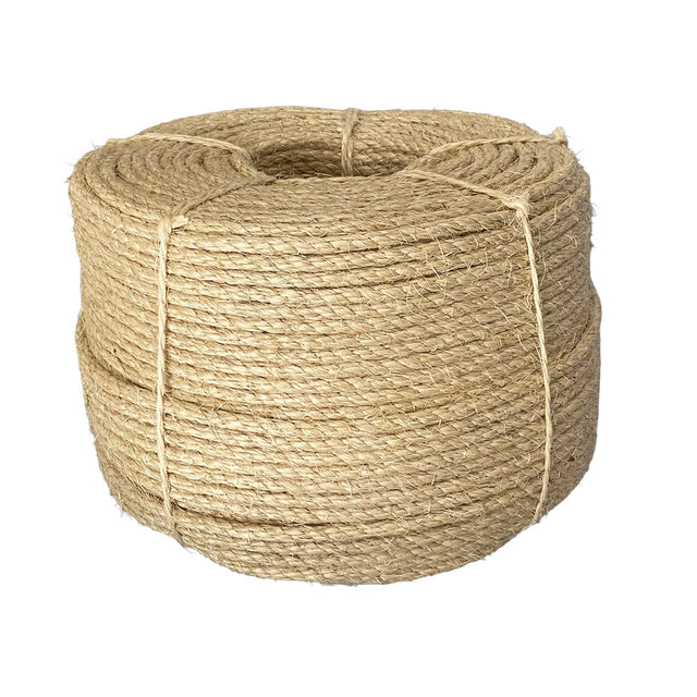Coil of 8mm natural sisal rope tied with twine against a white background