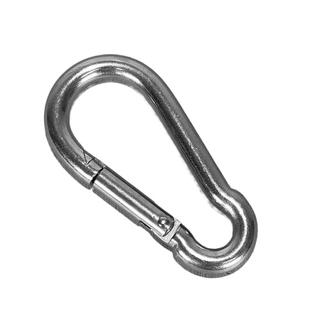 A stainless steel carabiner hook with a spring ring latch, shown on a plain white background.