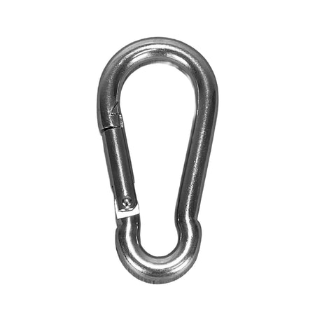 A stainless steel carabiner hook with a spring ring latch, shown on a plain white background.