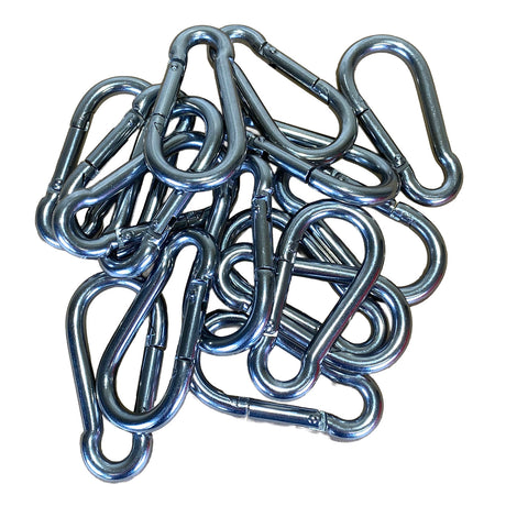 A pile of stainless steel carabiners with spring-loaded gate closures, arranged on a plain white background.