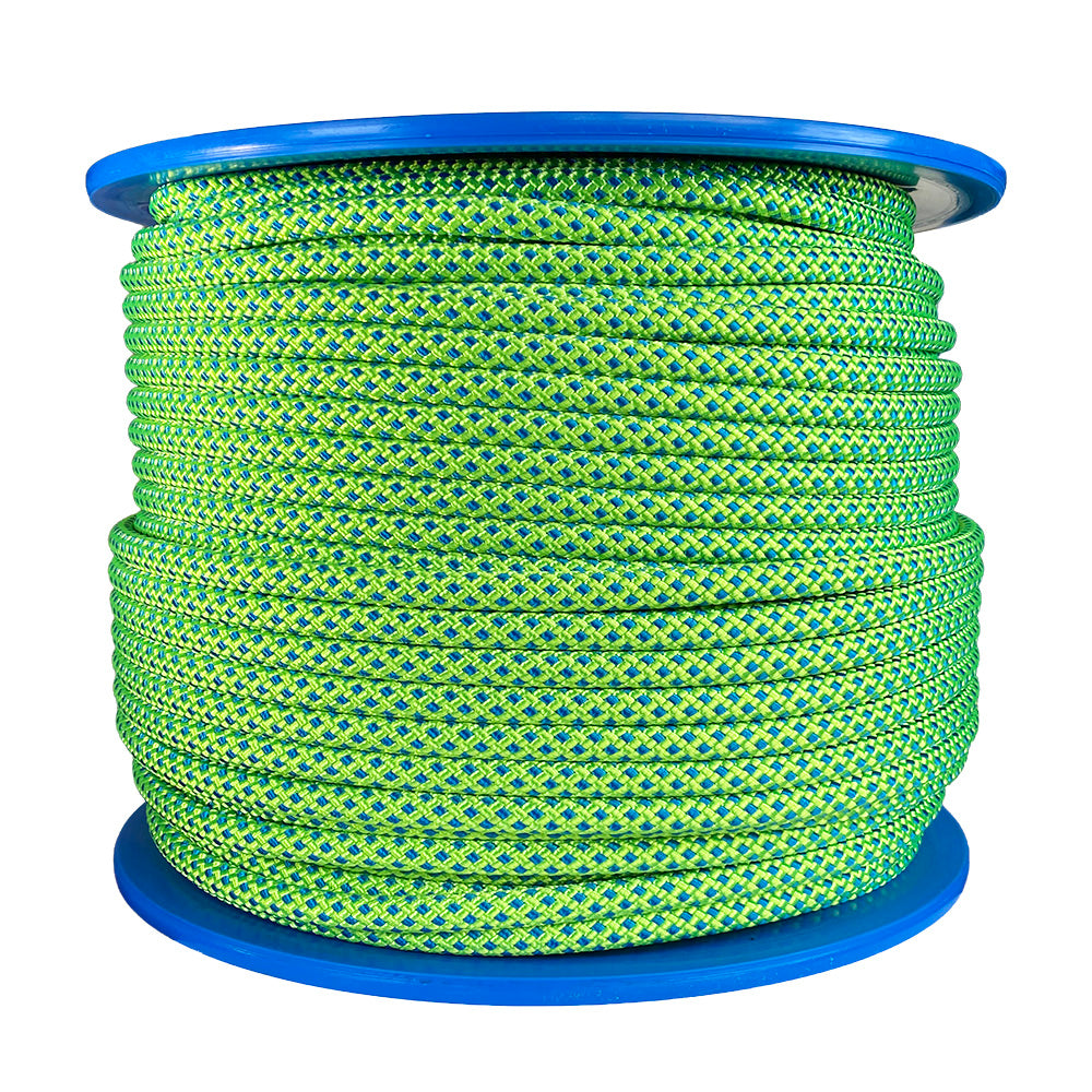 Spool of green with blue fleck 12mm arbor rope on a blue reel with a white background