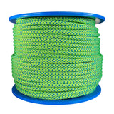 Spool of green with blue fleck 12mm arbor rope on a blue reel with a white background