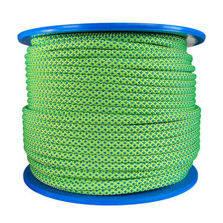 Spool of green with blue fleck 12mm arbor rope on a blue reel with a white background
