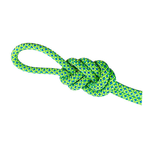 Close-up of a braided 12mm green with blue fleck arbor rope in a knot with a white background.